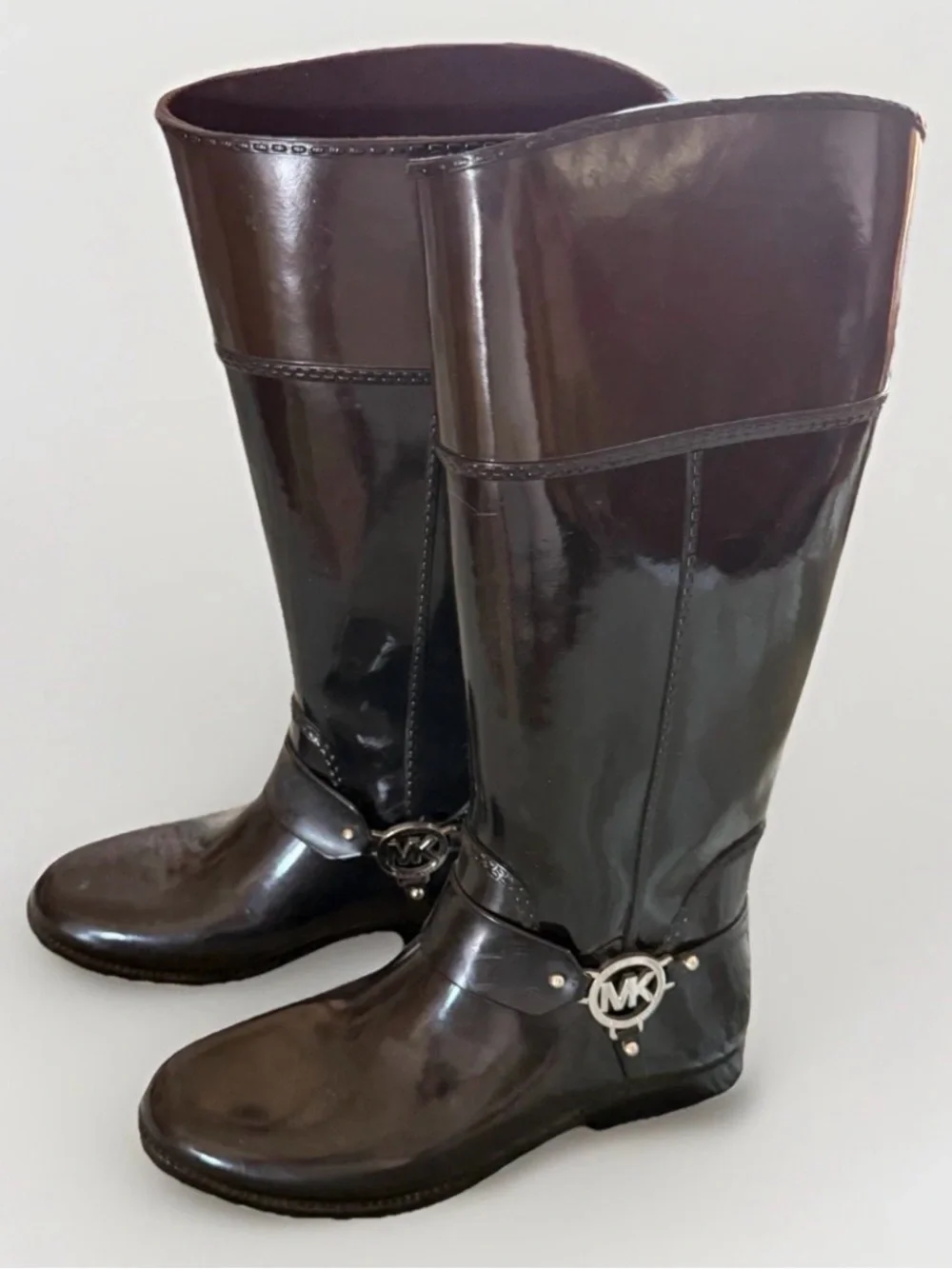 New Michael Kors Fulton Harness Rain Boots Black & Coffee Brown, Size 10!